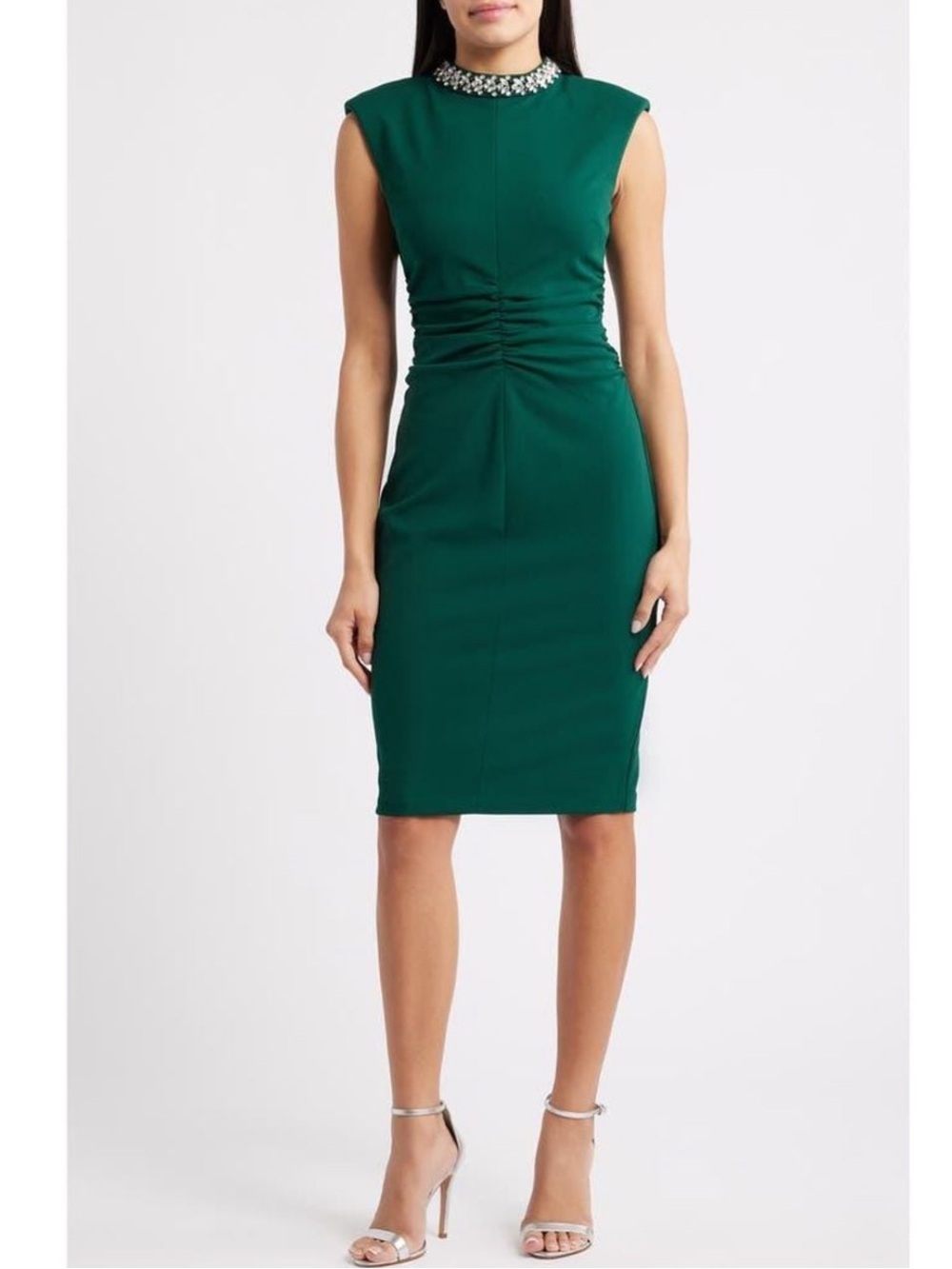 Eliza J Women’s Rouched Bodycon Sleeveless Green Jewel-Neck Sheath Dress Sz6 NWT